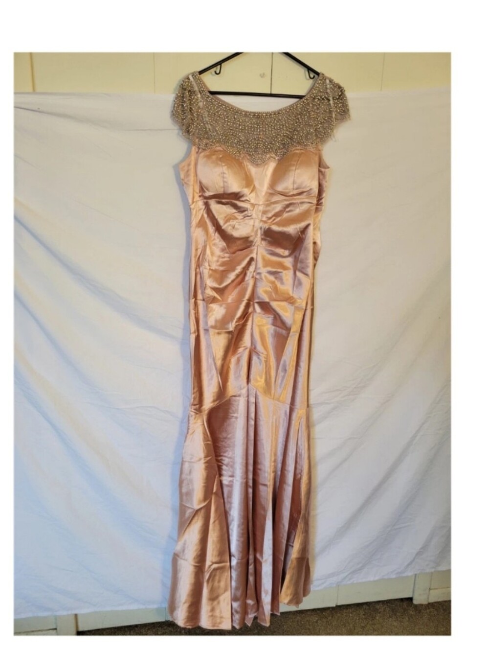 Xscape Blush Pink Satin Maxi Gown with Beaded Yoke